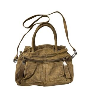 Makowsky Designer Tan Canvas Leather Trim Satchel Shoulder Bag Convertible
